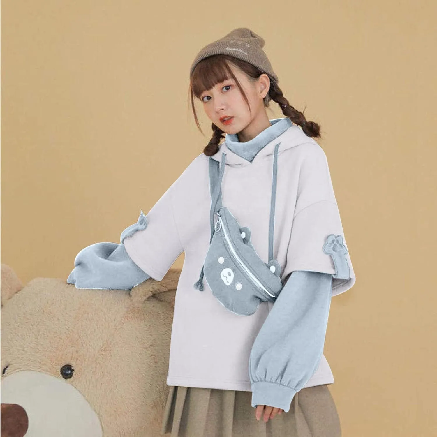RKSTN Cute Bear Hoodie for Womens Long Sleeve Sweatshirts Patchwork Hooded Shirts with Cute Personality Bag Girls Hoodie Coat