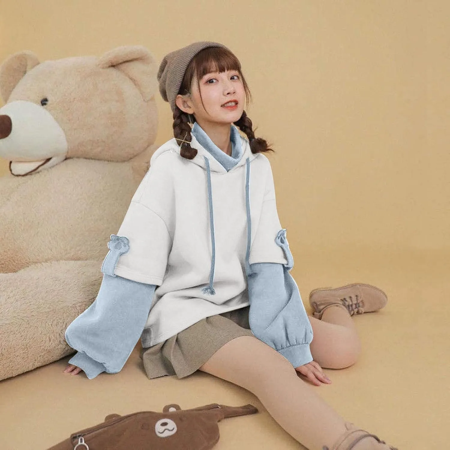 RKSTN Cute Bear Hoodie for Womens Long Sleeve Sweatshirts Patchwork Hooded Shirts with Cute Personality Bag Girls Hoodie Coat