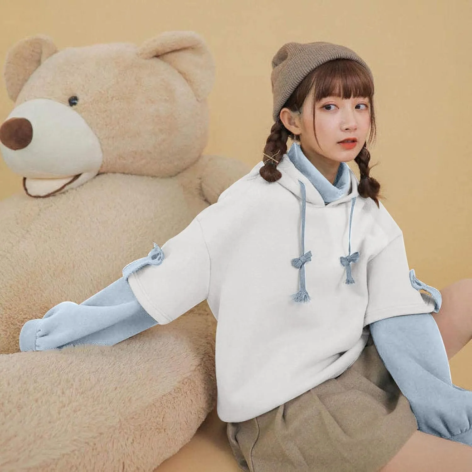 RKSTN Cute Bear Hoodie for Womens Long Sleeve Sweatshirts Patchwork Hooded Shirts with Cute Personality Bag Girls Hoodie Coat