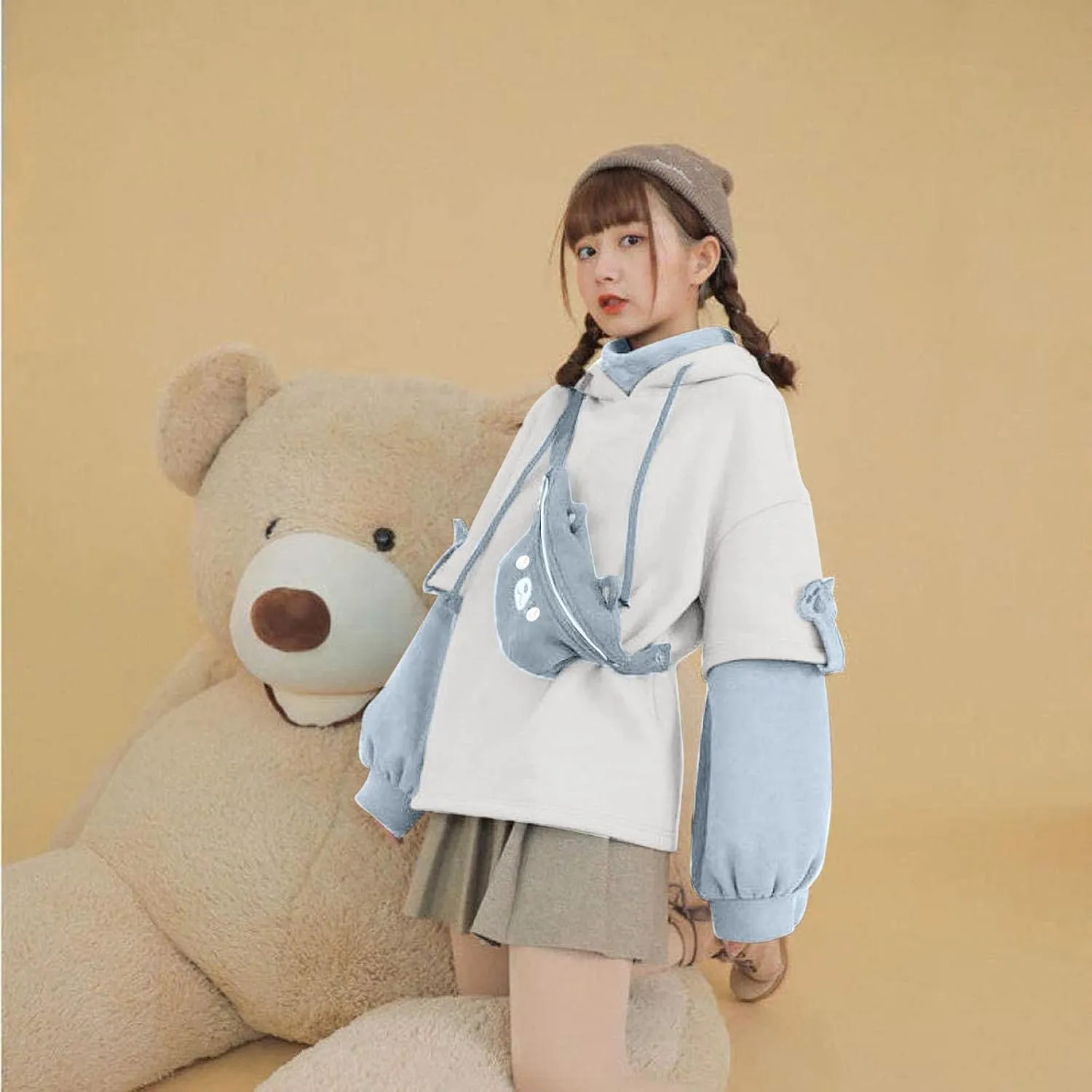 RKSTN Cute Bear Hoodie for Womens Long Sleeve Sweatshirts Patchwork Hooded Shirts with Cute Personality Bag Girls Hoodie Coat