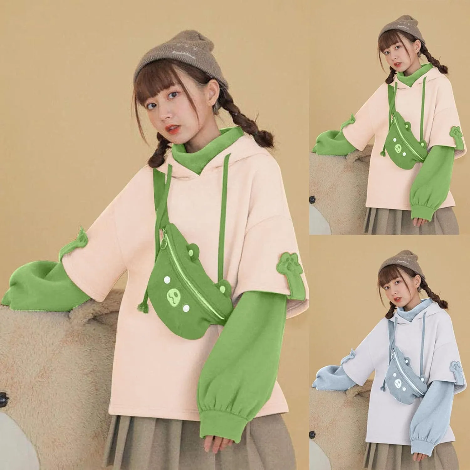 RKSTN Cute Bear Hoodie for Womens Long Sleeve Sweatshirts Patchwork Hooded Shirts with Cute Personality Bag Girls Hoodie Coat