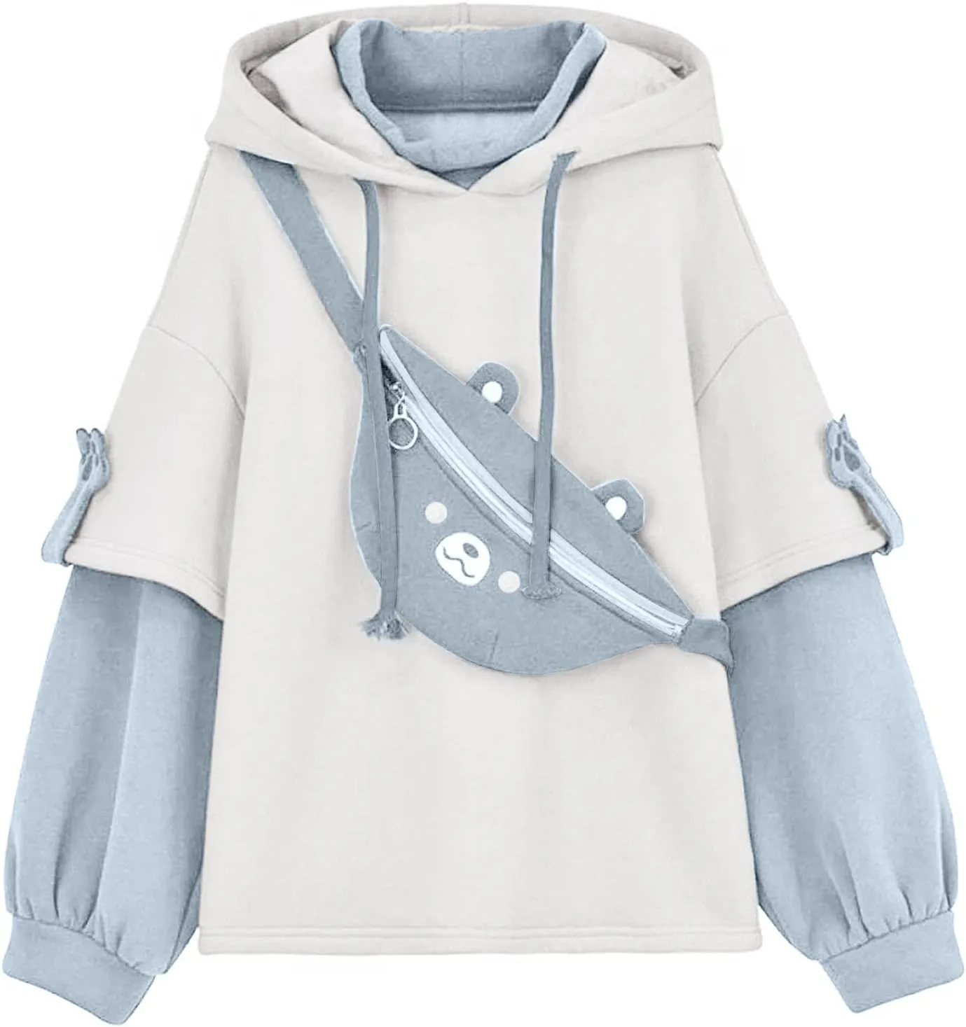RKSTN Cute Bear Hoodie for Womens Long Sleeve Sweatshirts Patchwork Hooded Shirts with Cute Personality Bag Girls Hoodie Coat