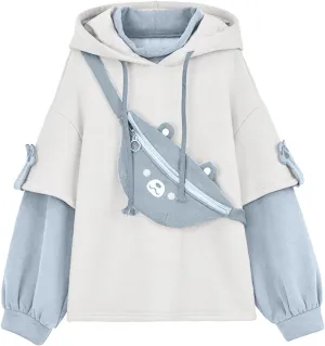 RKSTN Cute Bear Hoodie for Womens Long Sleeve Sweatshirts Patchwork Hooded Shirts with Cute Personality Bag Girls Hoodie Coat