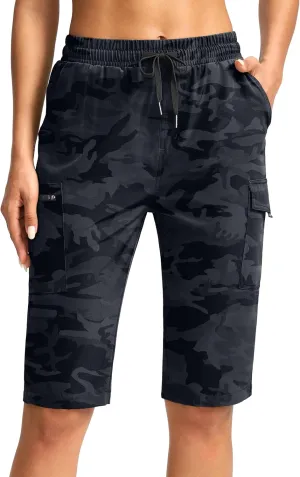 SANTINY Women's 13" Long Hiking Shorts Knee Length Quick Dry Cargo Bermuda Shorts for Women with Zipper Pockets
