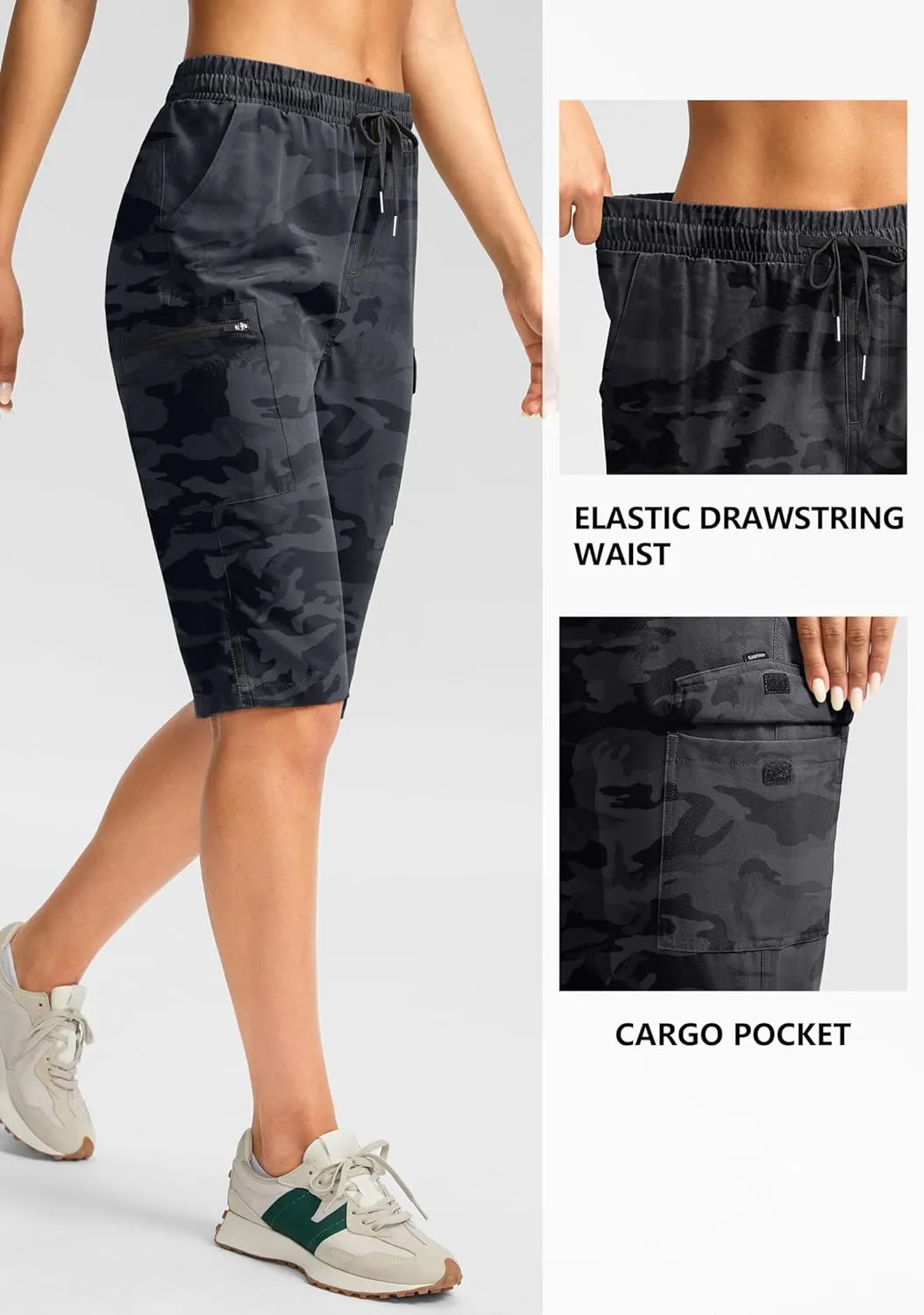 SANTINY Women's 13" Long Hiking Shorts Knee Length Quick Dry Cargo Bermuda Shorts for Women with Zipper Pockets