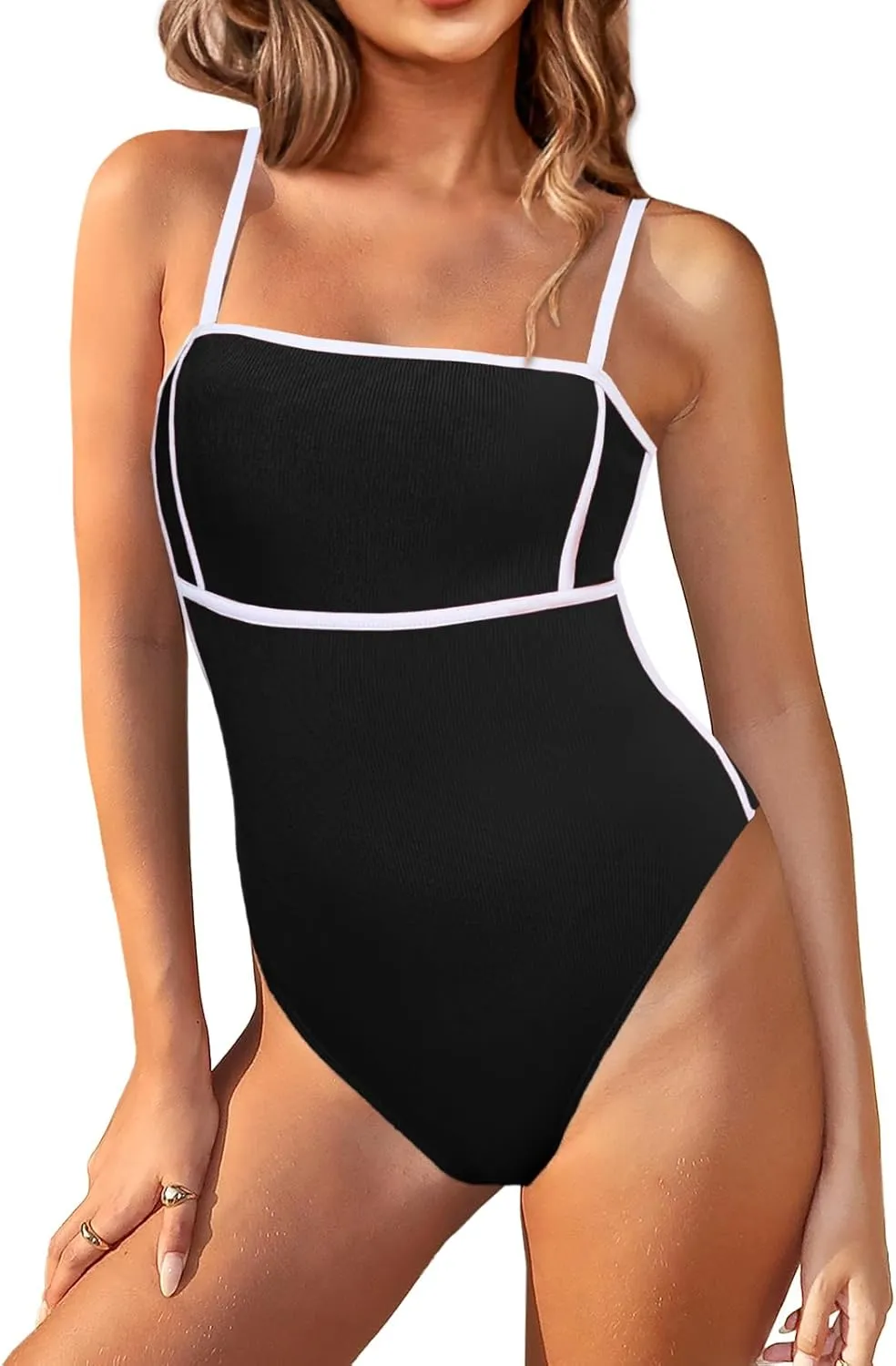 Saodimallsu Womens One Piece Swimsuit Color Block Spaghetti Strap Ribbed Tummy Control Bathing Suits High Cut Swimwear