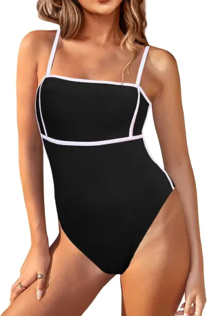 Saodimallsu Womens One Piece Swimsuit Color Block Spaghetti Strap Ribbed Tummy Control Bathing Suits High Cut Swimwear