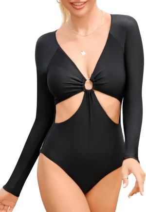 SEAUR Women's Long Sleeve One Piece Rash Guard Swimsuit Cutout Modest Surfing Suit UPF 50  Bathing Suit