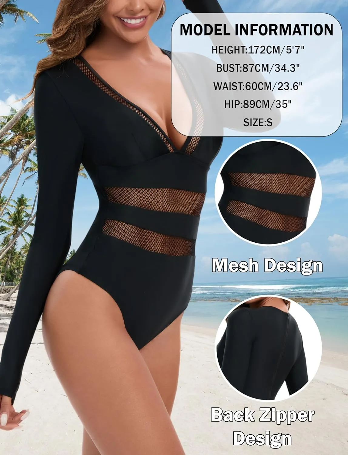 SEAUR Women's Long Sleeve One Piece Rash Guard Swimsuit Cutout Modest Surfing Suit UPF 50  Bathing Suit