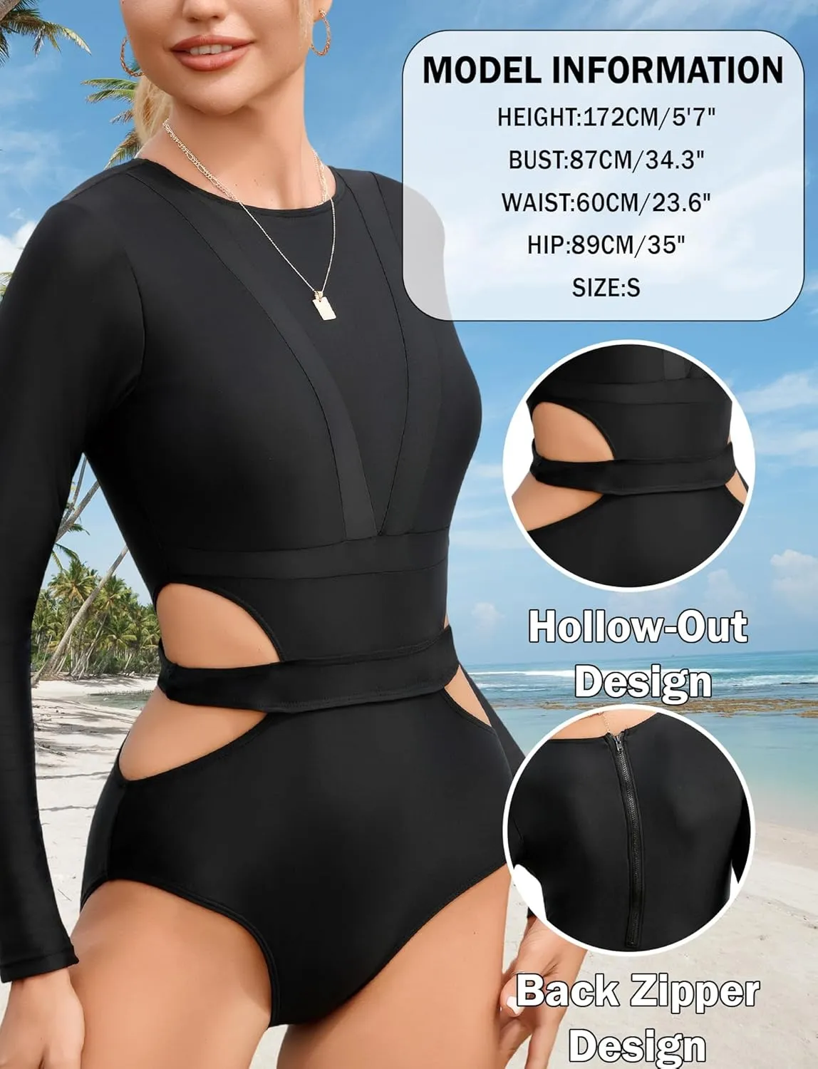 SEAUR Women's Long Sleeve One Piece Rash Guard Swimsuit Cutout Modest Surfing Suit UPF 50  Bathing Suit