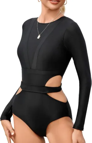 SEAUR Women's Long Sleeve One Piece Rash Guard Swimsuit Cutout Modest Surfing Suit UPF 50  Bathing Suit