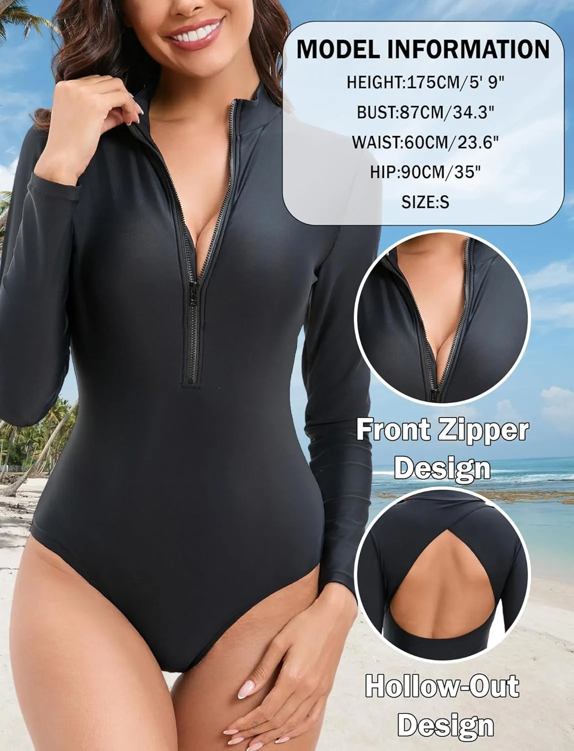 SEAUR Women's Long Sleeve One Piece Rash Guard Swimsuit Cutout Modest Surfing Suit UPF 50  Bathing Suit