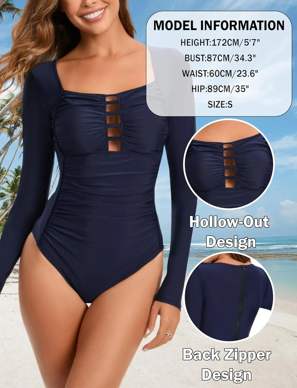 SEAUR Women's Long Sleeve One Piece Rash Guard Swimsuit Cutout Modest Surfing Suit UPF 50  Bathing Suit