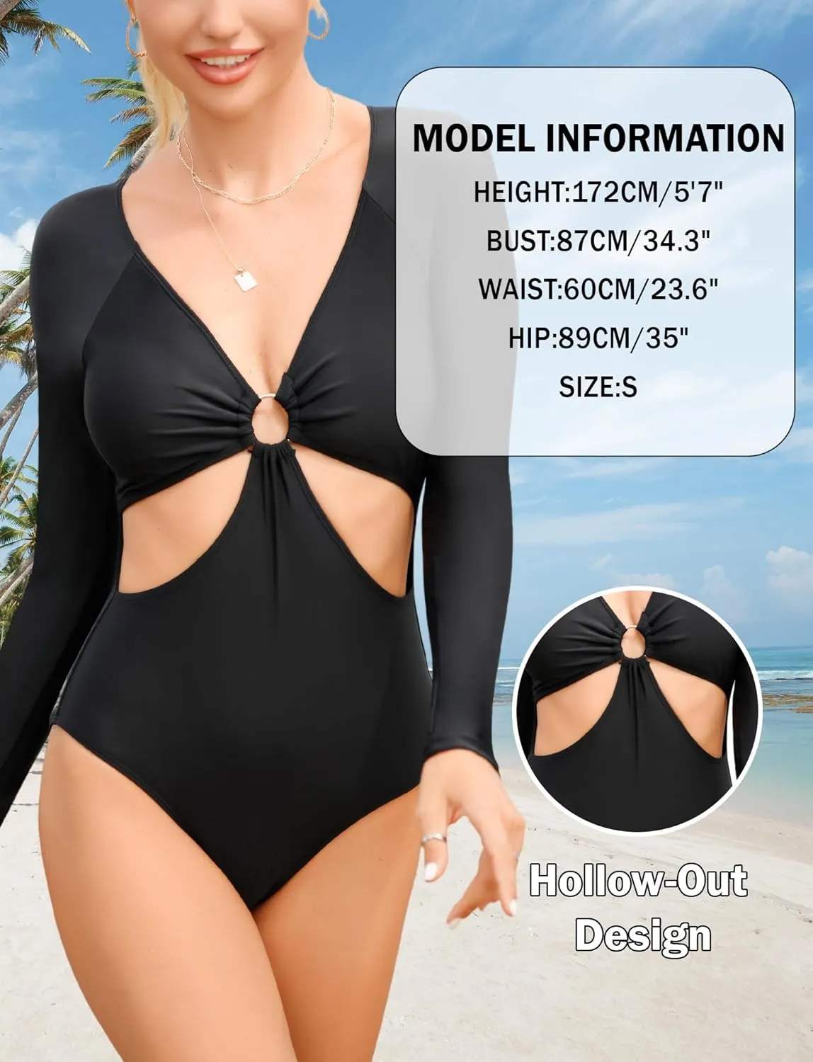 SEAUR Women's Long Sleeve One Piece Rash Guard Swimsuit Cutout Modest Surfing Suit UPF 50  Bathing Suit