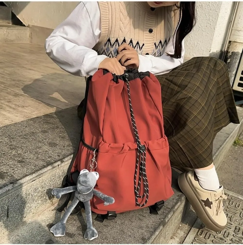 Selena Drawstring Bucket Backpack with pins and Accessories Aesthetic Big Capacity Couple Travel Laptop Bag (Backpack,Red)