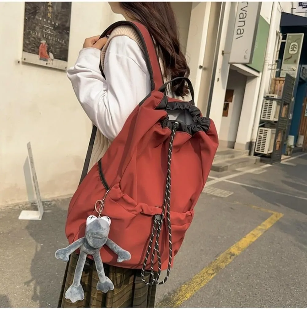 Selena Drawstring Bucket Backpack with pins and Accessories Aesthetic Big Capacity Couple Travel Laptop Bag (Backpack,Red)