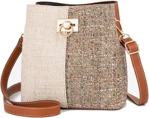 Shoulder Bags Leather Women Panelled Bucket Bag Shoulder Bag Crossbody Bag(Brown)