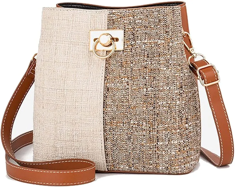 Shoulder Bags Leather Women Panelled Bucket Bag Shoulder Bag Crossbody Bag(Brown)