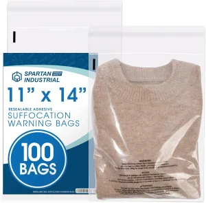 Spartan Industrial - 11 X 14 (100 Count) Self Seal Clear Poly Bags with Suffocation Warning for Packaging, T Shirts & Shipping - Resealable Glue