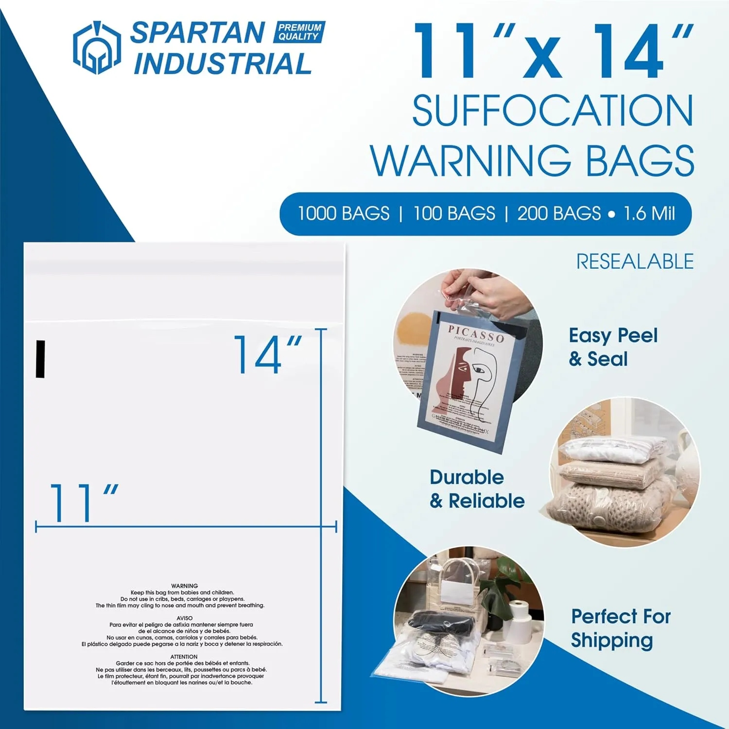 Spartan Industrial - 11 X 14 (100 Count) Self Seal Clear Poly Bags with Suffocation Warning for Packaging, T Shirts & Shipping - Resealable Glue