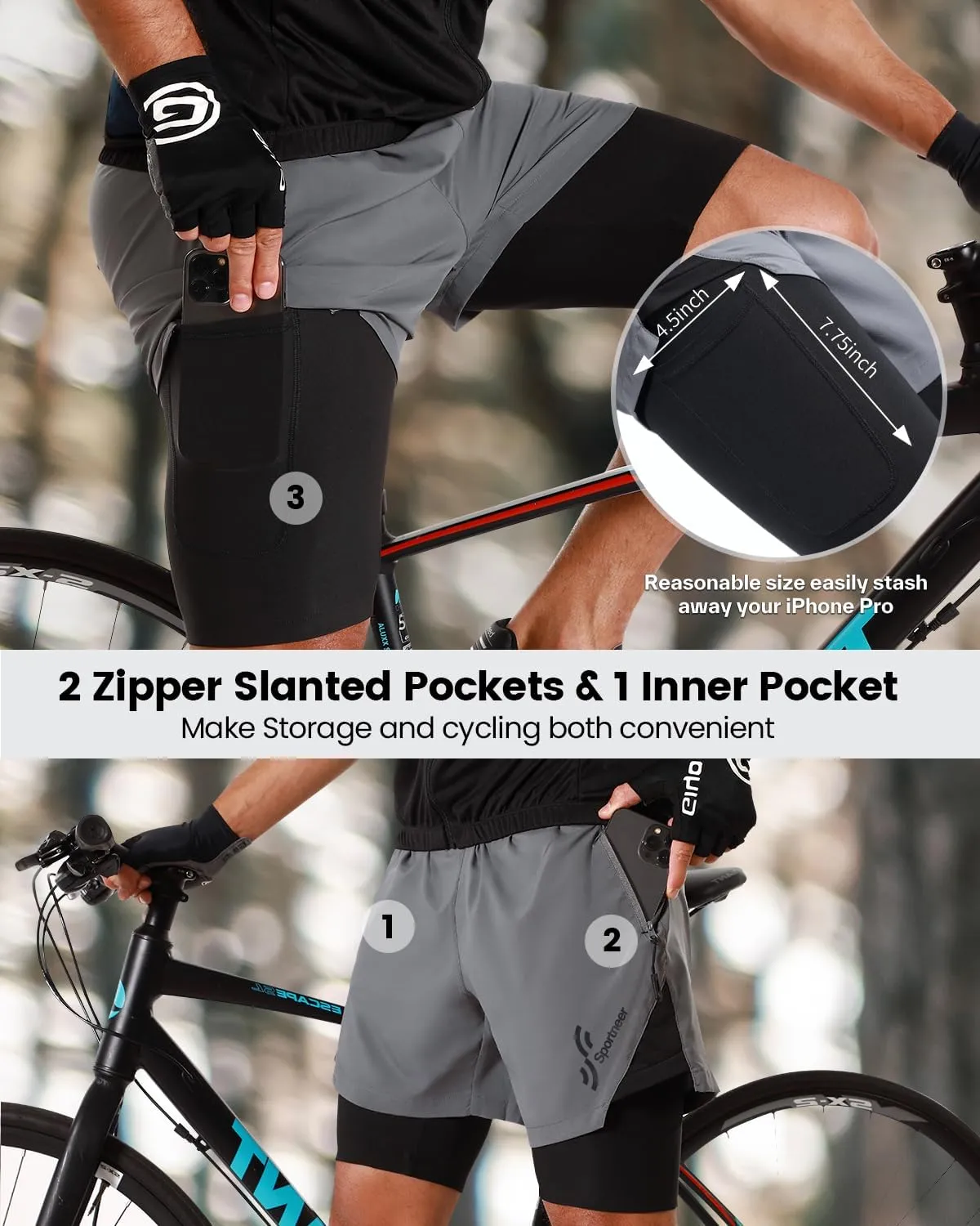 Sportneer Bike Shorts for Men - 3D Padded Lightweight MTB Fit Riding Biking Bicycle Biker Shorts with Zipper Pockets