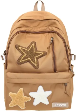 Star Backpack Y2K Backpack Preppy Backpack with y2k Accessories Cute Kawaii Backpack Star Patch Cancas Backpack (brown)