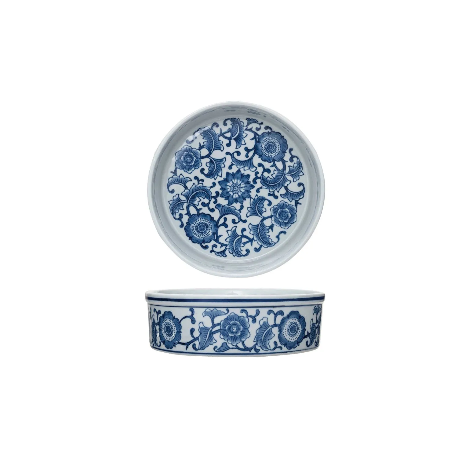 Stoneware Pet Bowl with Blue Floral Design - 9" Round