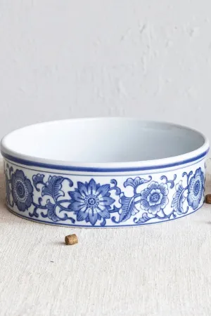 Stoneware Pet Bowl with Blue Floral Design - 9" Round