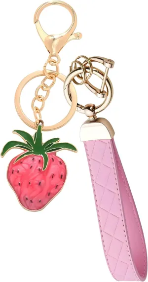 Strawberry Keychain & Keychain Wristlet Set, Detachable Leather Band for Car/Purse, Pink Zinc Alloy Strawberry Car Accessories