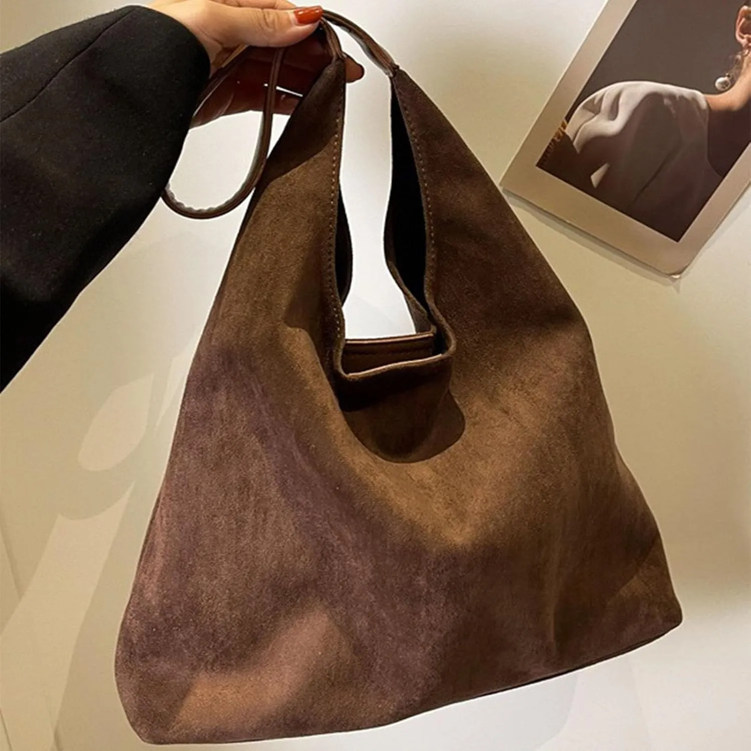 Suede Bags for Women 2024 New Brown Suede Women's Handbags Suede Hobo Bags Brown Suede Wallet Bags(Black)