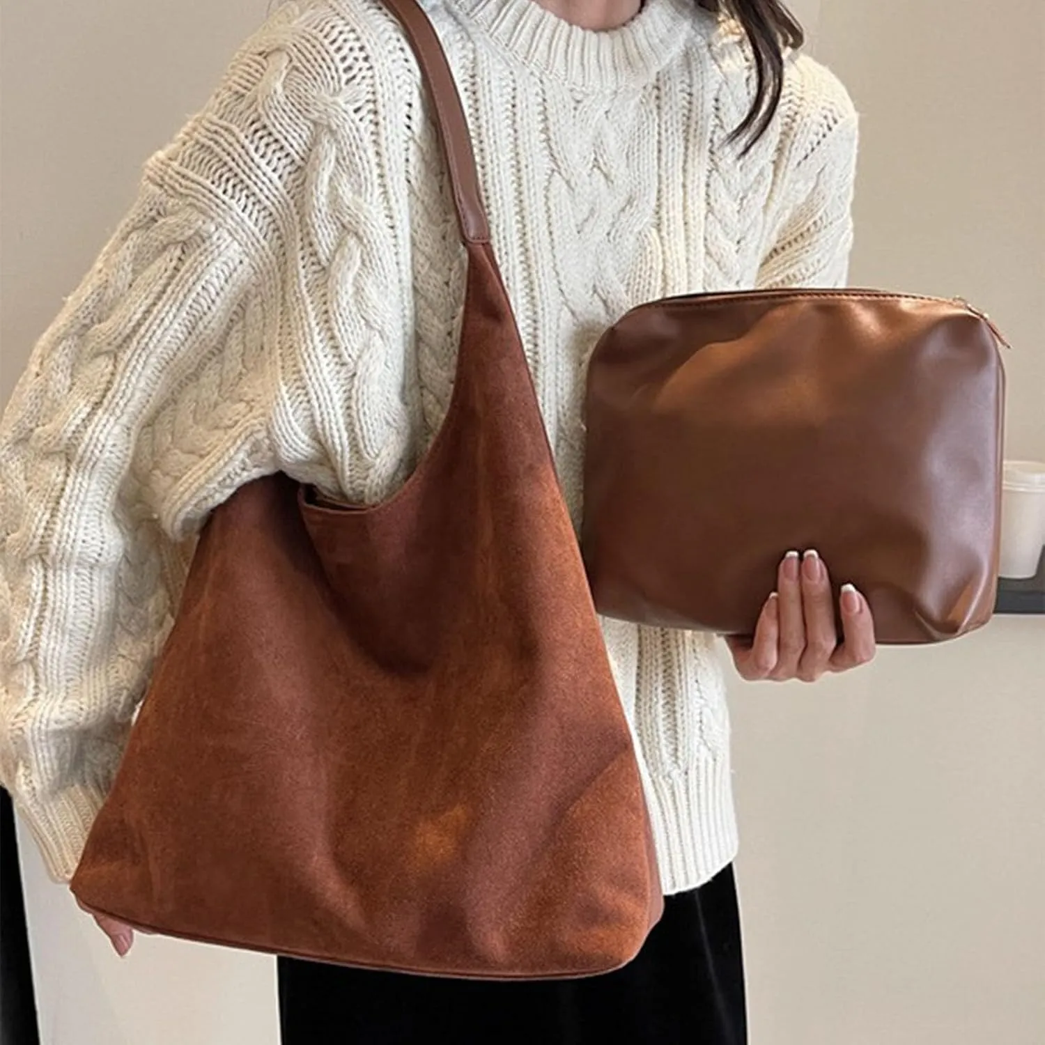 Suede Bags for Women 2024 New Brown Suede Women's Handbags Suede Hobo Bags Brown Suede Wallet Bags(Black)