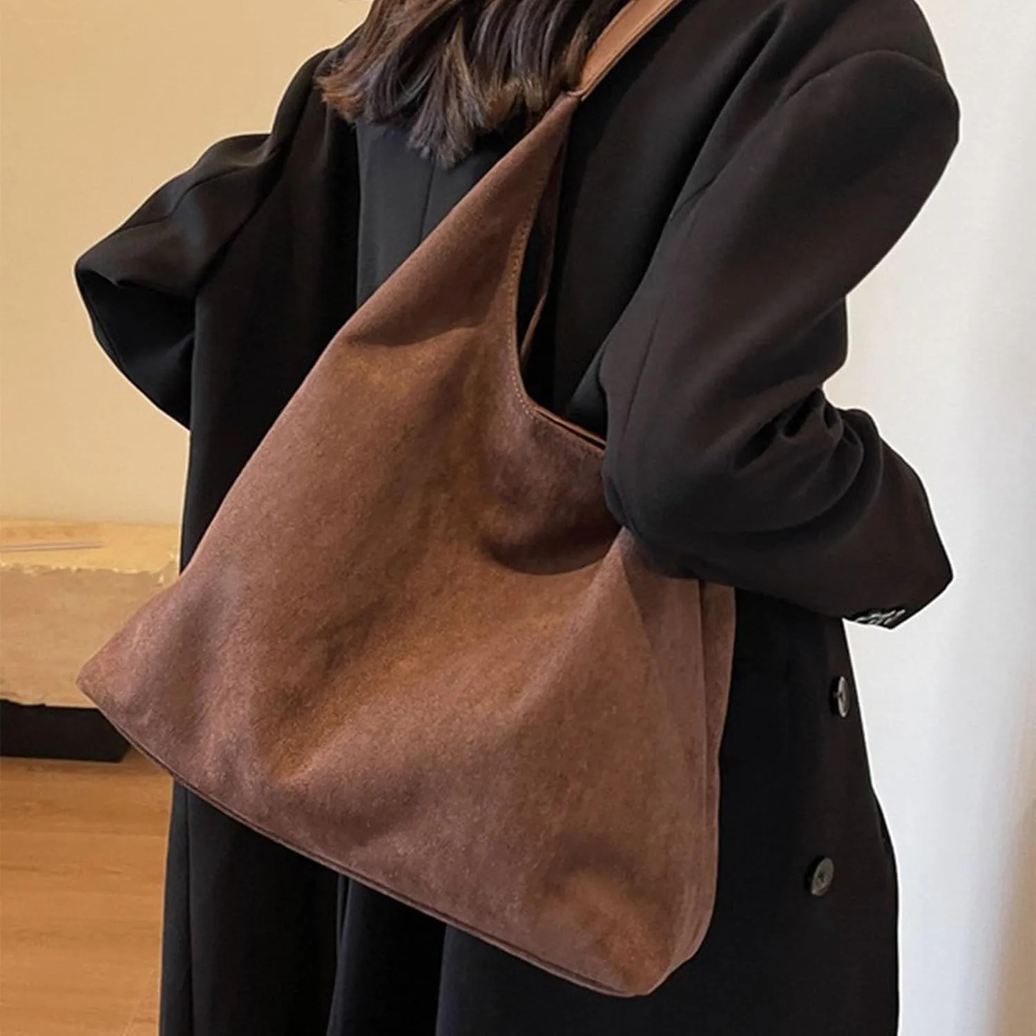 Suede Bags for Women 2024 New Brown Suede Women's Handbags Suede Hobo Bags Brown Suede Wallet Bags(Black)