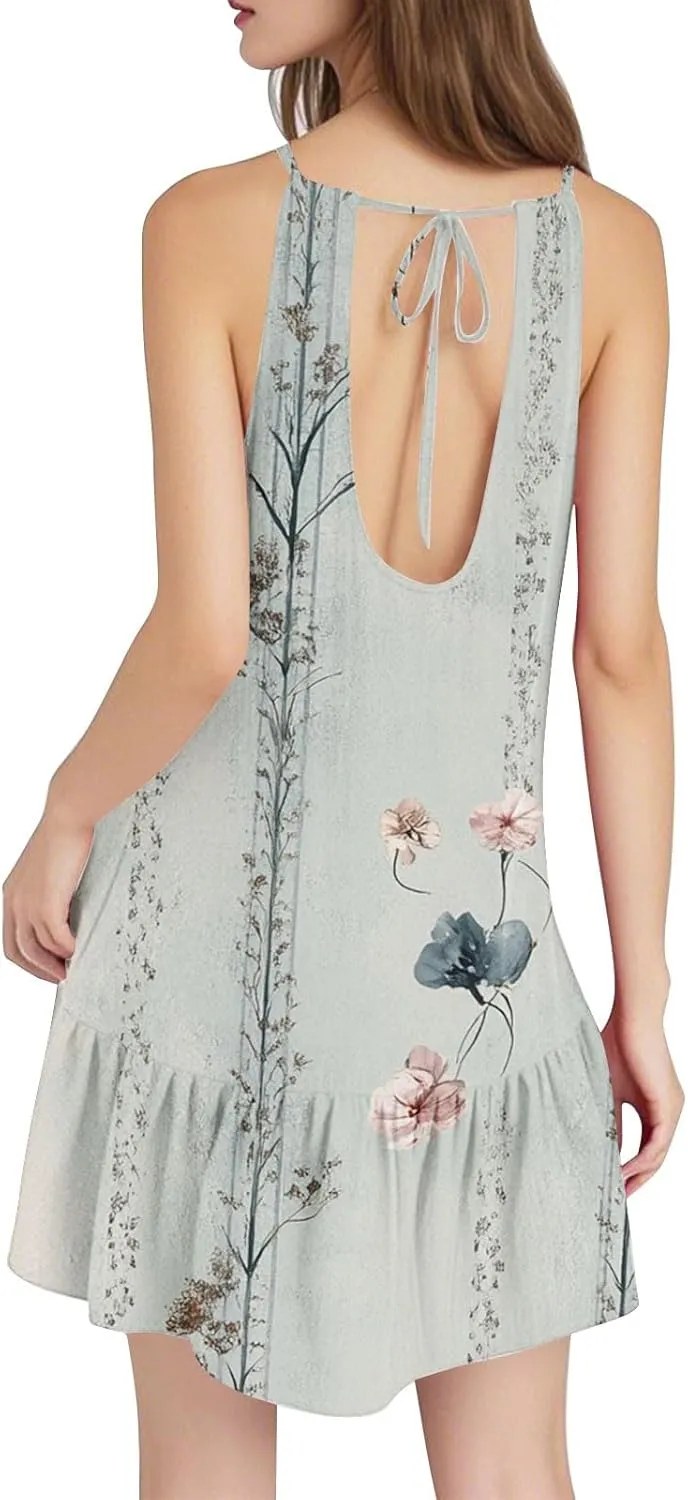 Summer Dress for Women Swimsuit Cover Up Crewneck Adjustable Straps Ruffle Beach Backless Mini Vacation Sundress