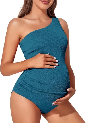 Summer Mae Maternity Swimsuit One Piece One Shoulder Ribbed Pregnancy Bathing Suit