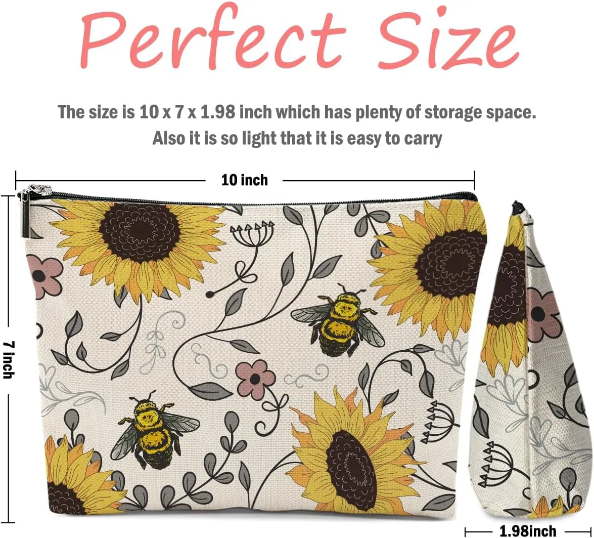 Sunflowers Bee Makeup Bag, Bee Gifts Bee Themed Gifts Cosmetic Bag Travel Pouch, Sunflower Gifts for Women Girls Daughter Sisters Coworker Friends Niece Friendship Graduation Birthday Gifts