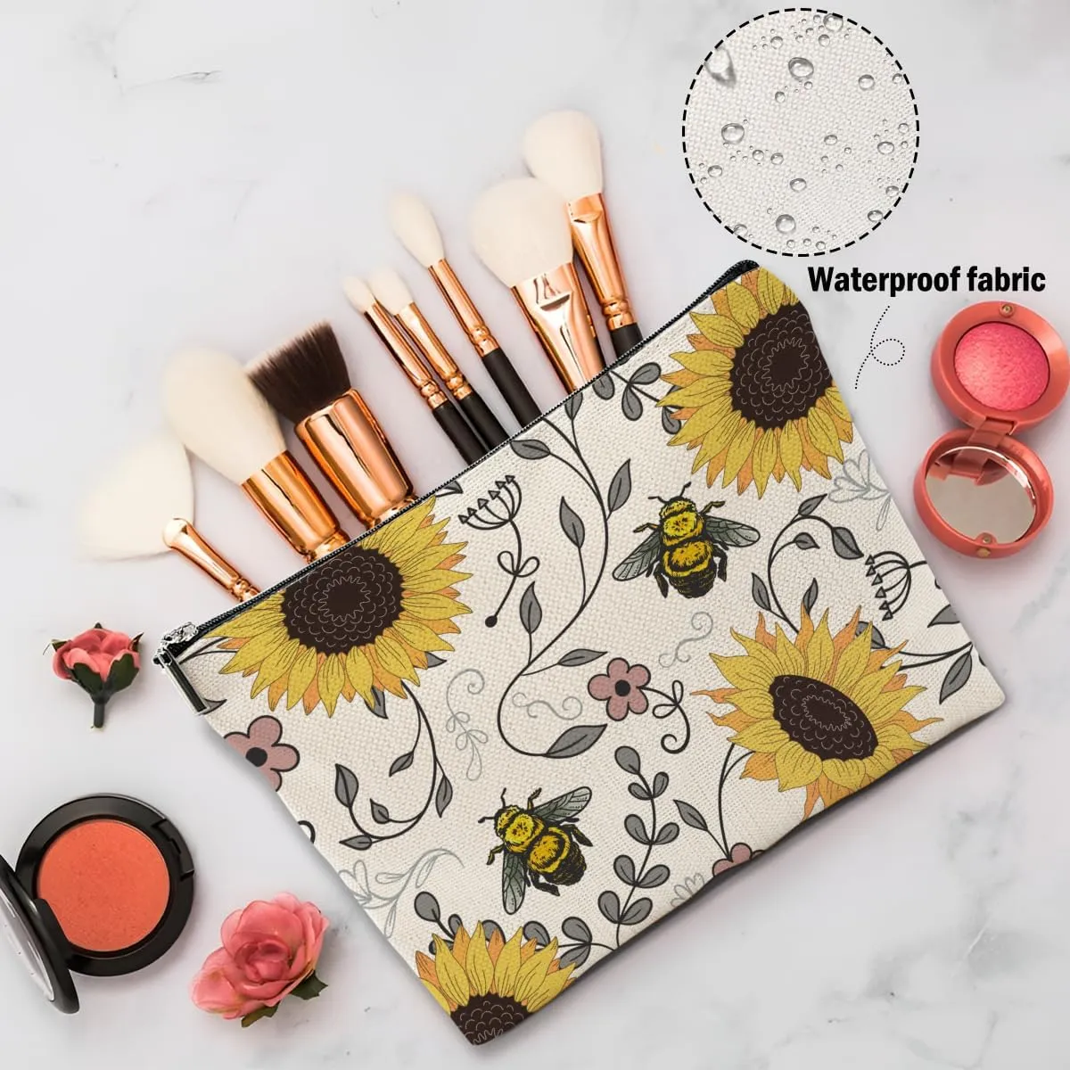 Sunflowers Bee Makeup Bag, Bee Gifts Bee Themed Gifts Cosmetic Bag Travel Pouch, Sunflower Gifts for Women Girls Daughter Sisters Coworker Friends Niece Friendship Graduation Birthday Gifts