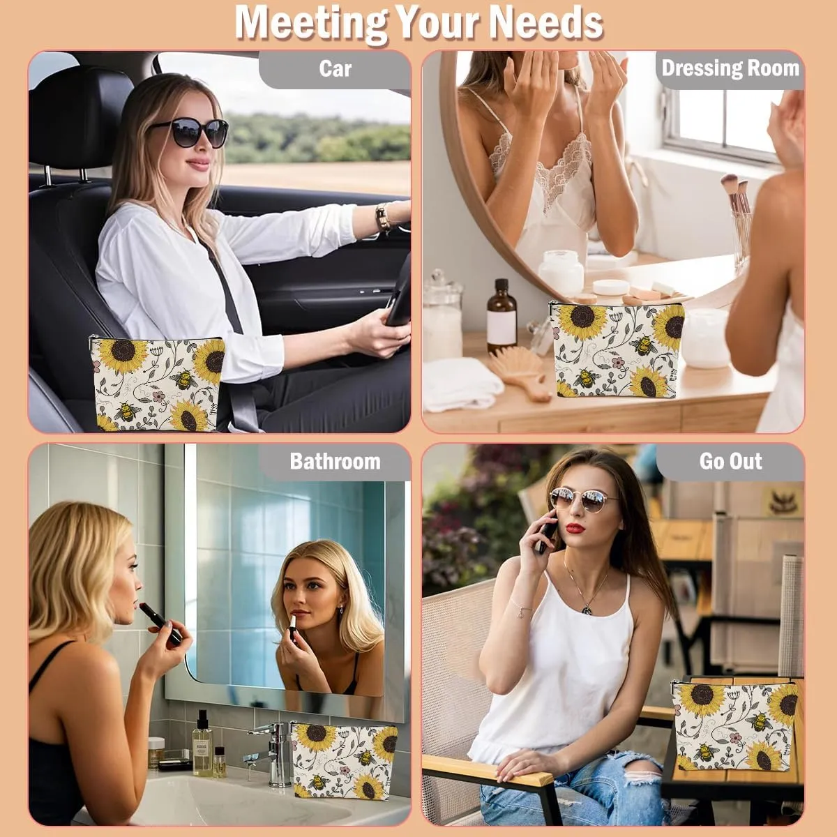 Sunflowers Bee Makeup Bag, Bee Gifts Bee Themed Gifts Cosmetic Bag Travel Pouch, Sunflower Gifts for Women Girls Daughter Sisters Coworker Friends Niece Friendship Graduation Birthday Gifts