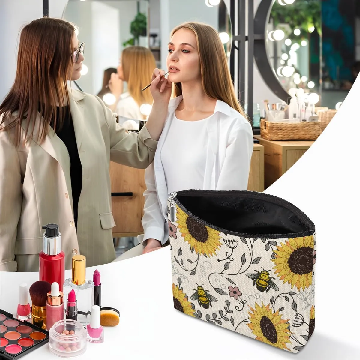 Sunflowers Bee Makeup Bag, Bee Gifts Bee Themed Gifts Cosmetic Bag Travel Pouch, Sunflower Gifts for Women Girls Daughter Sisters Coworker Friends Niece Friendship Graduation Birthday Gifts