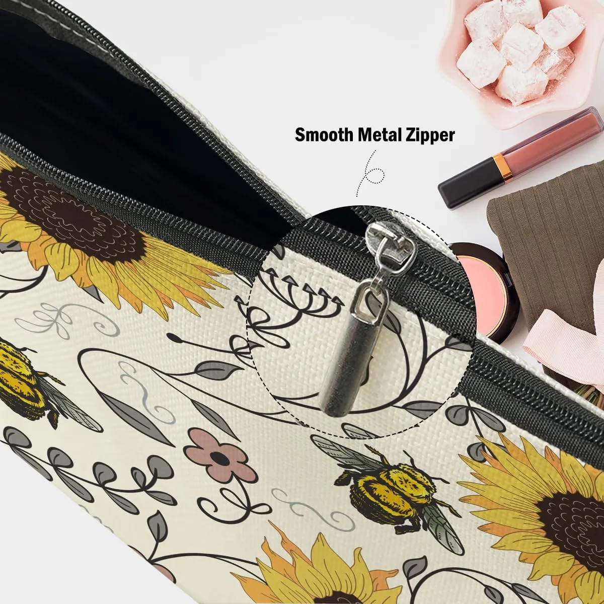 Sunflowers Bee Makeup Bag, Bee Gifts Bee Themed Gifts Cosmetic Bag Travel Pouch, Sunflower Gifts for Women Girls Daughter Sisters Coworker Friends Niece Friendship Graduation Birthday Gifts