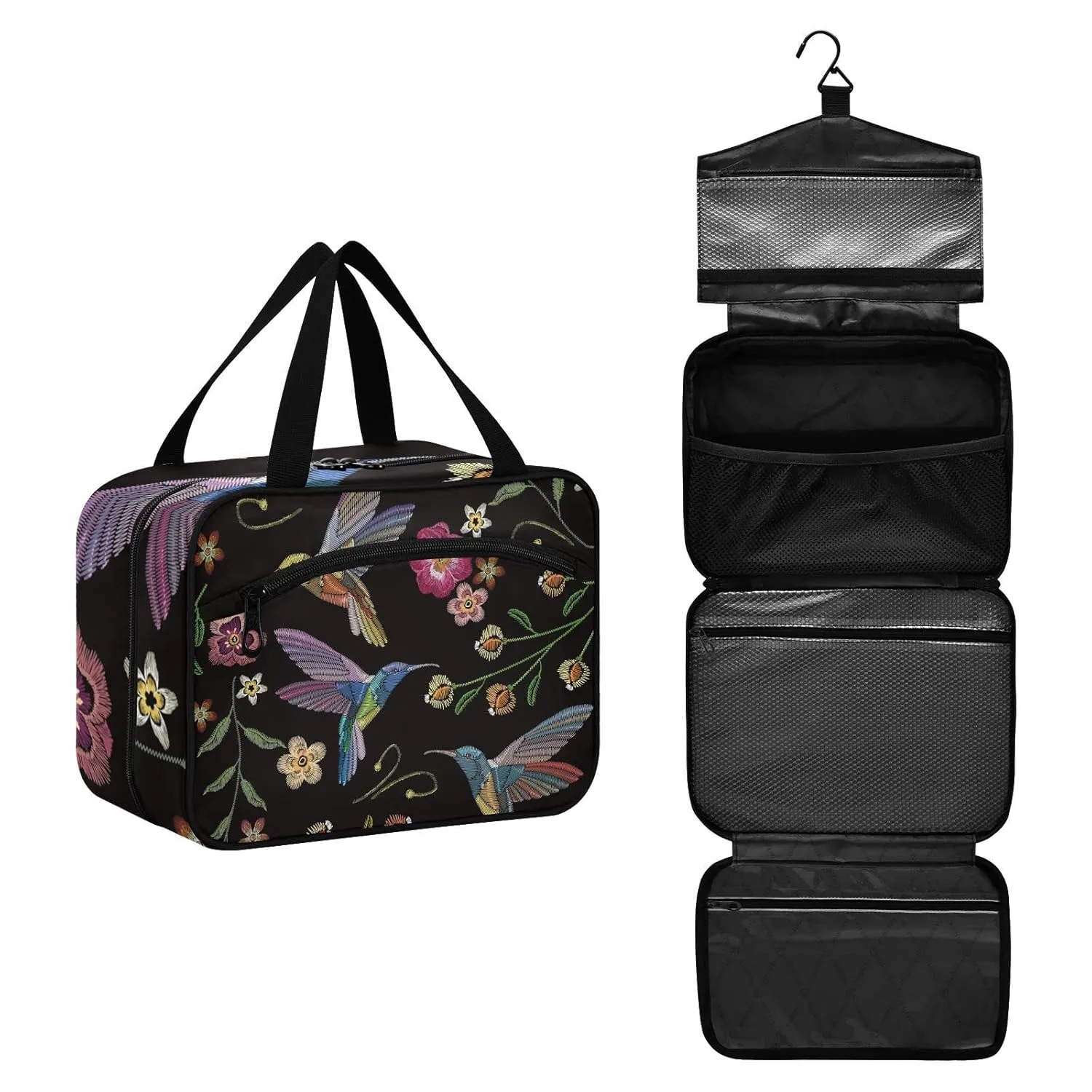 susiyo Beautiful Hummingbirds Tropical Exotic Flowers Toiletry Bags with Hanging Hook Foldable Cosmetic Bag Travel Accessories - Large