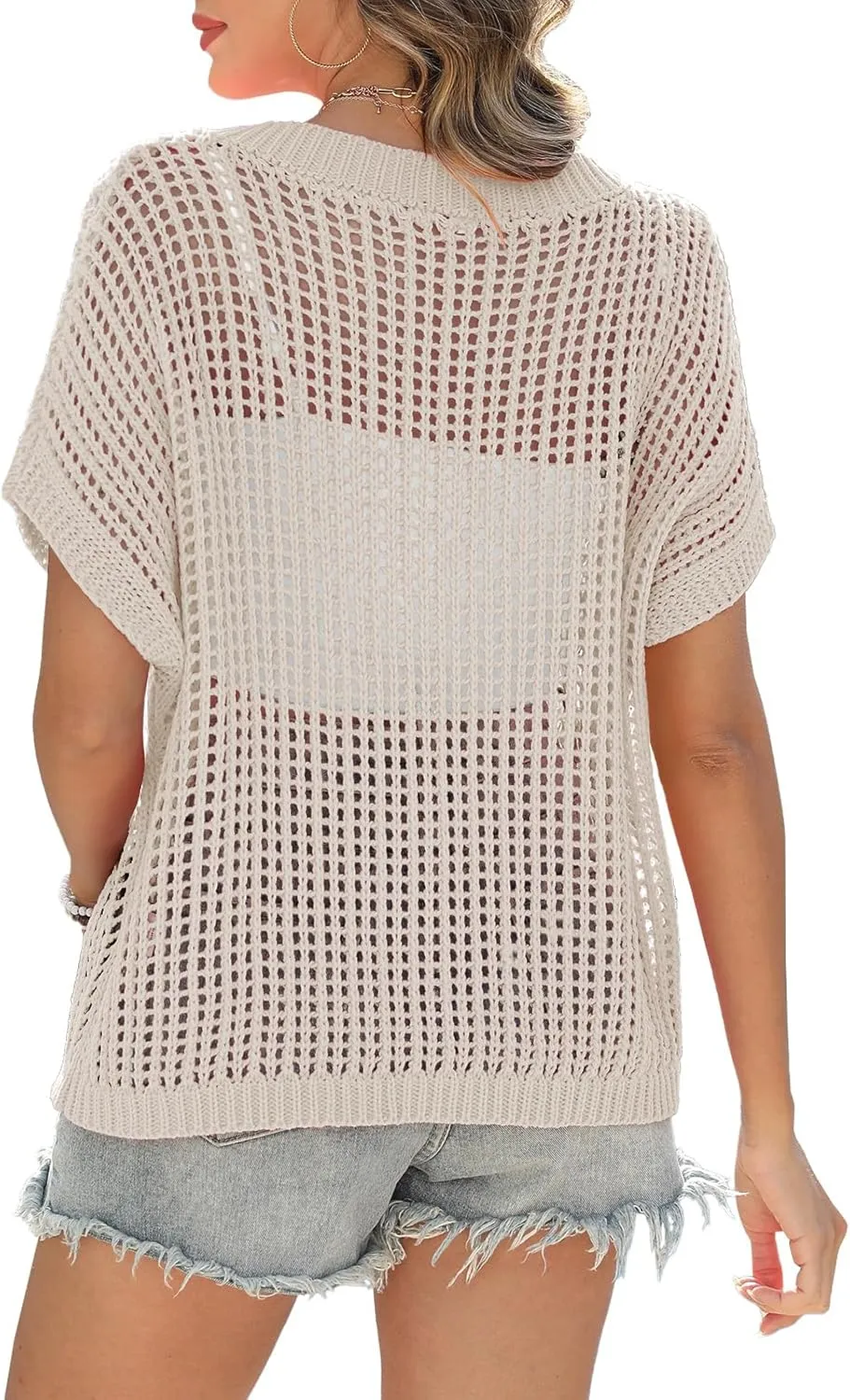 Swimsuit Coverup for Women Beach Vacation Clothes Spring Summer Scoop Neck Short Sleeve Sweaters Casual Crochet Knit Tops