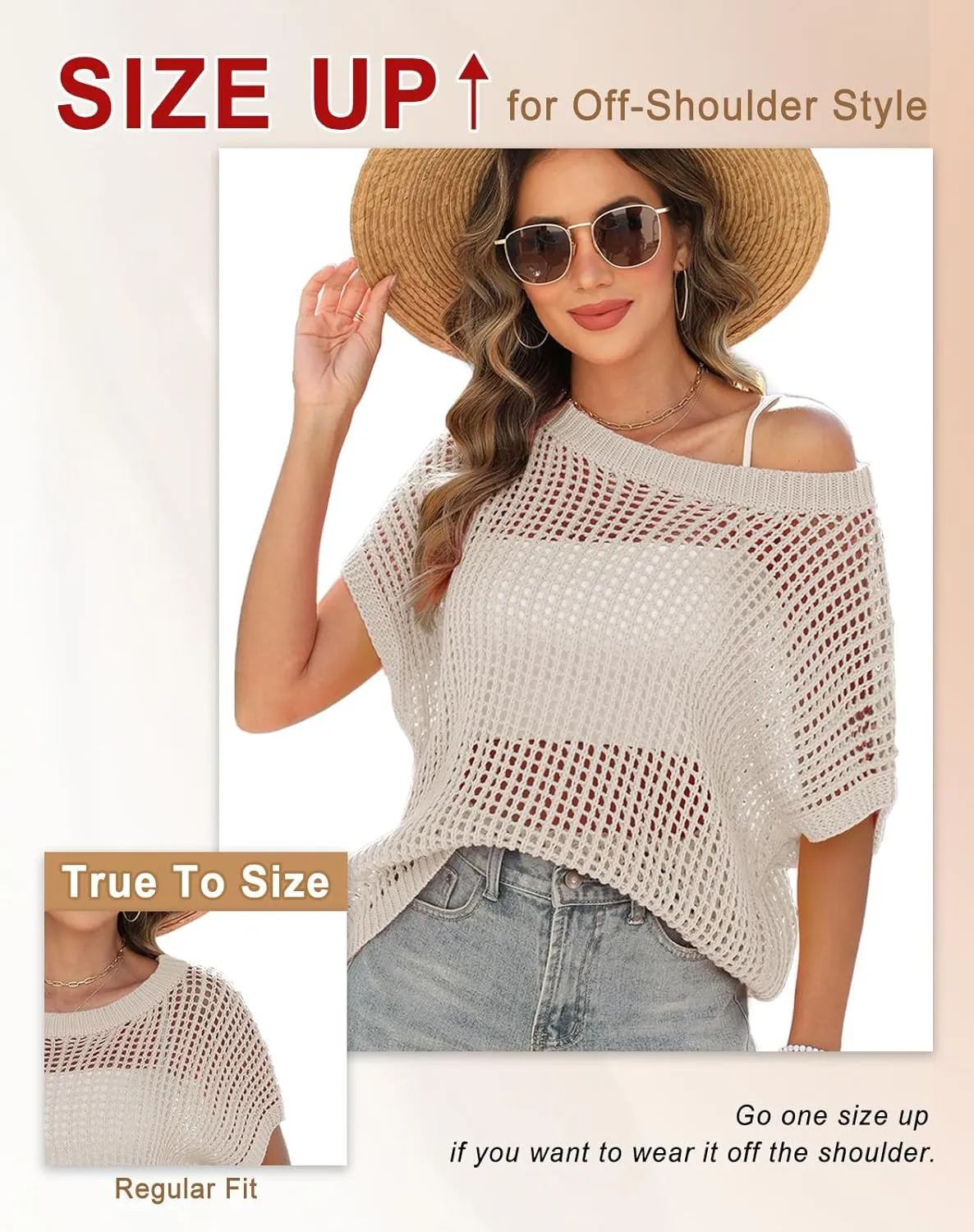 Swimsuit Coverup for Women Beach Vacation Clothes Spring Summer Scoop Neck Short Sleeve Sweaters Casual Crochet Knit Tops