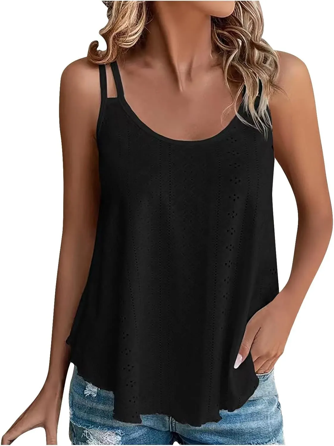 Tank Tops for Women Fashion Eyelet Embroidery Sleeveless Summer Tops Scoop Neck Spaghetti Strape Camisole Shirts