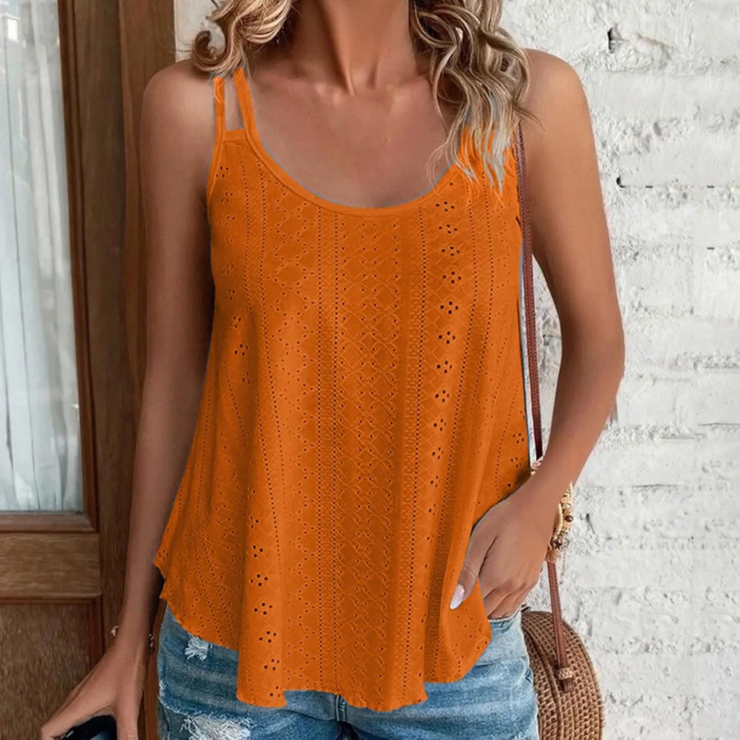 Tank Tops for Women Fashion Eyelet Embroidery Sleeveless Summer Tops Scoop Neck Spaghetti Strape Camisole Shirts