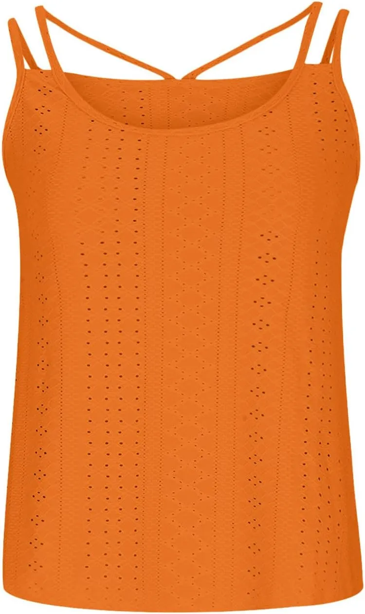 Tank Tops for Women Fashion Eyelet Embroidery Sleeveless Summer Tops Scoop Neck Spaghetti Strape Camisole Shirts