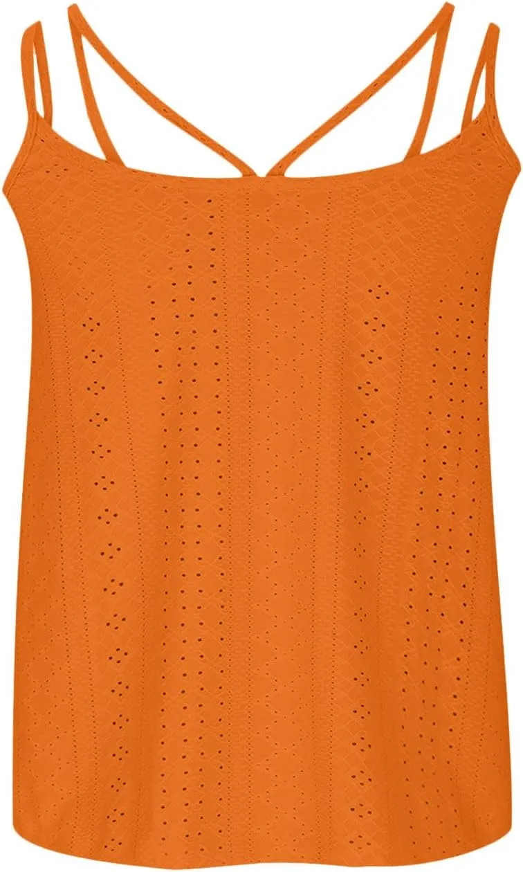 Tank Tops for Women Fashion Eyelet Embroidery Sleeveless Summer Tops Scoop Neck Spaghetti Strape Camisole Shirts
