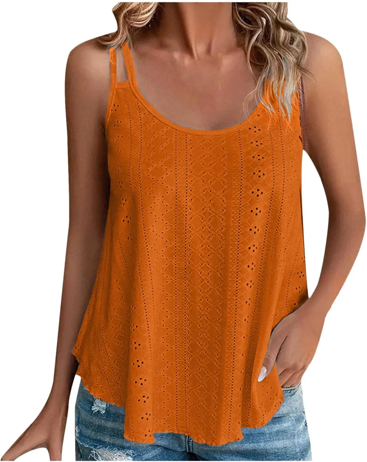 Tank Tops for Women Fashion Eyelet Embroidery Sleeveless Summer Tops Scoop Neck Spaghetti Strape Camisole Shirts
