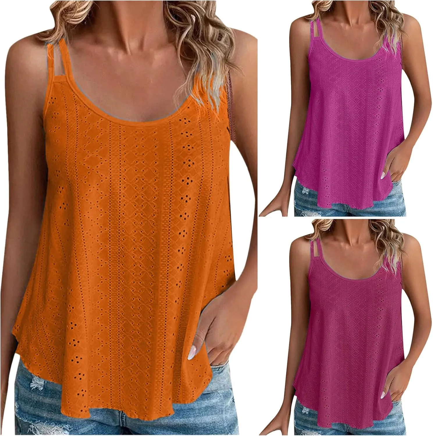 Tank Tops for Women Fashion Eyelet Embroidery Sleeveless Summer Tops Scoop Neck Spaghetti Strape Camisole Shirts