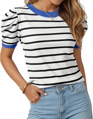 TARSE Women's Short Puff Sleeve Knit Tops Striped Crewneck Summer Sweater Casual Pullover Tops Shirts Trendy Outfits 2025