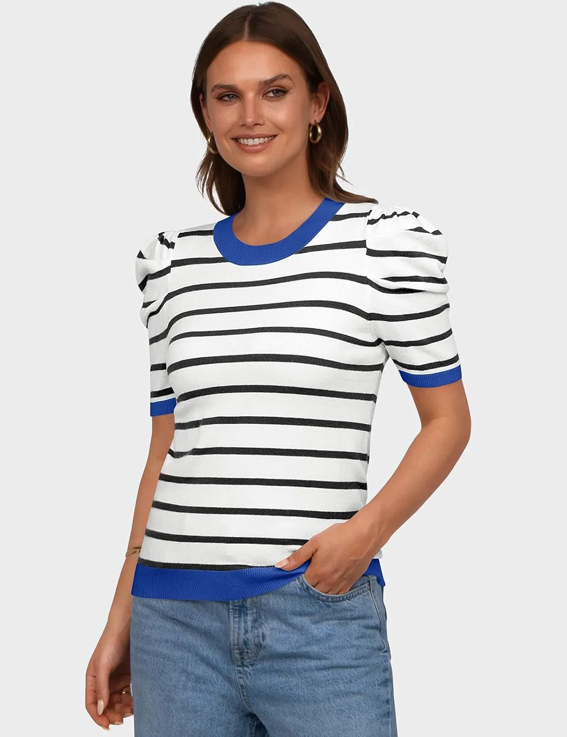 TARSE Women's Short Puff Sleeve Knit Tops Striped Crewneck Summer Sweater Casual Pullover Tops Shirts Trendy Outfits 2025